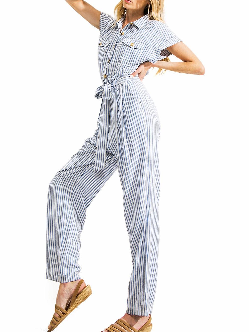 Blue and White Striped Belted Jumpsuit