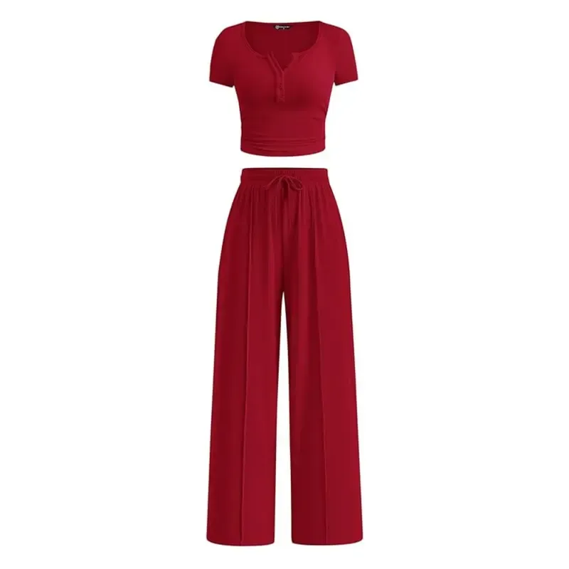 Women's two-piece summer ribbed knit button short-sleeve crop top and wide-leg pants