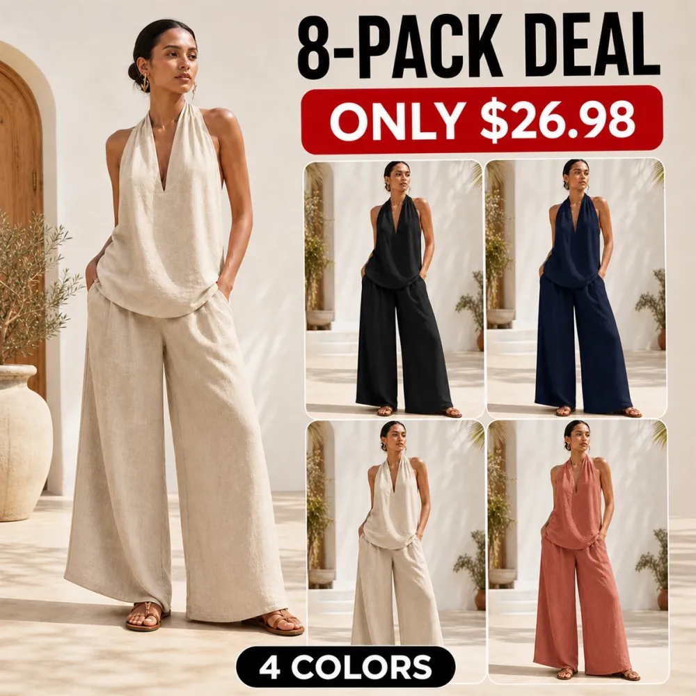 Women's Cotton Linen 2-Piece Halter Top Wide-Leg Pants Set