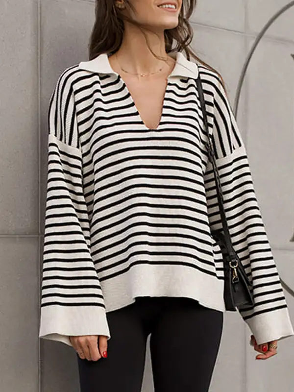Striped Paneled Lapel Long Sleeve Relaxed Fit Sweater