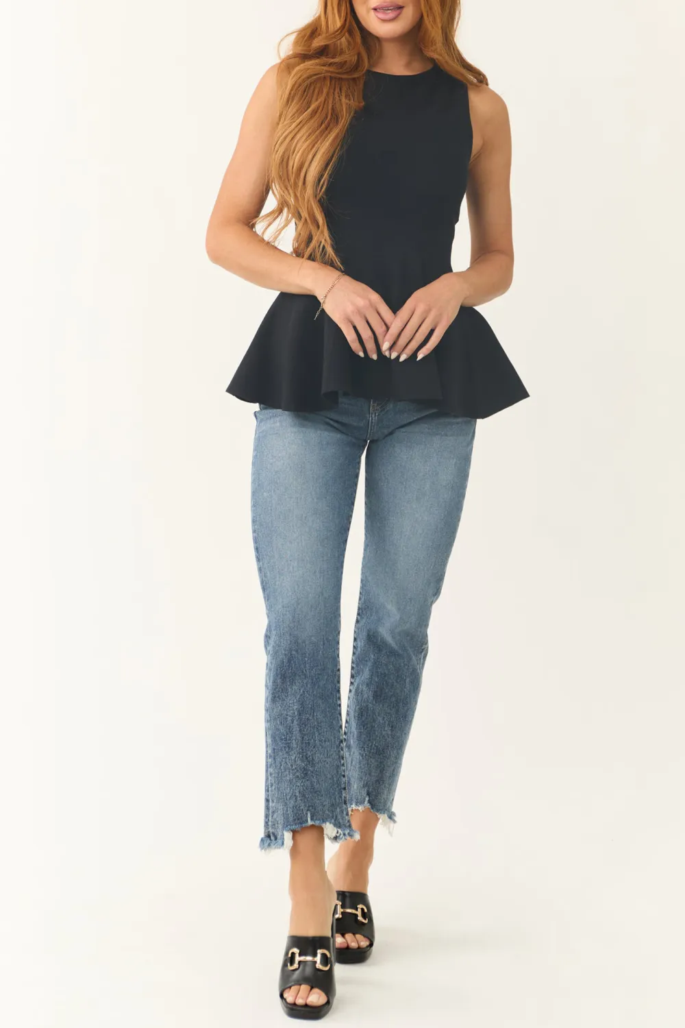 Black Peplum Ribbed Knit Tank Top