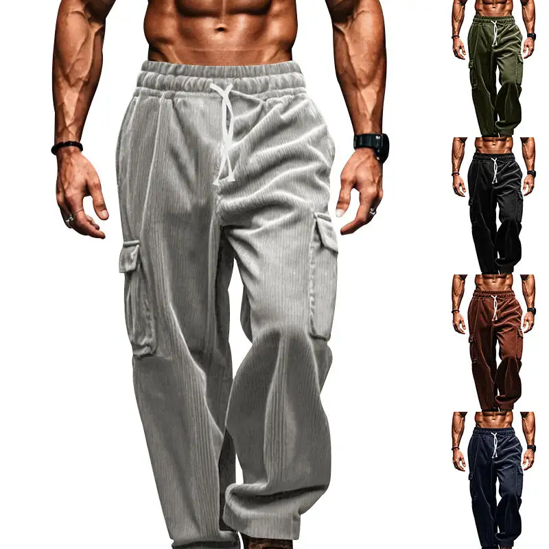 Men's Oversized Corduroy Cargo Pants with Elastic Drawstring Waistband and Multiple Pockets