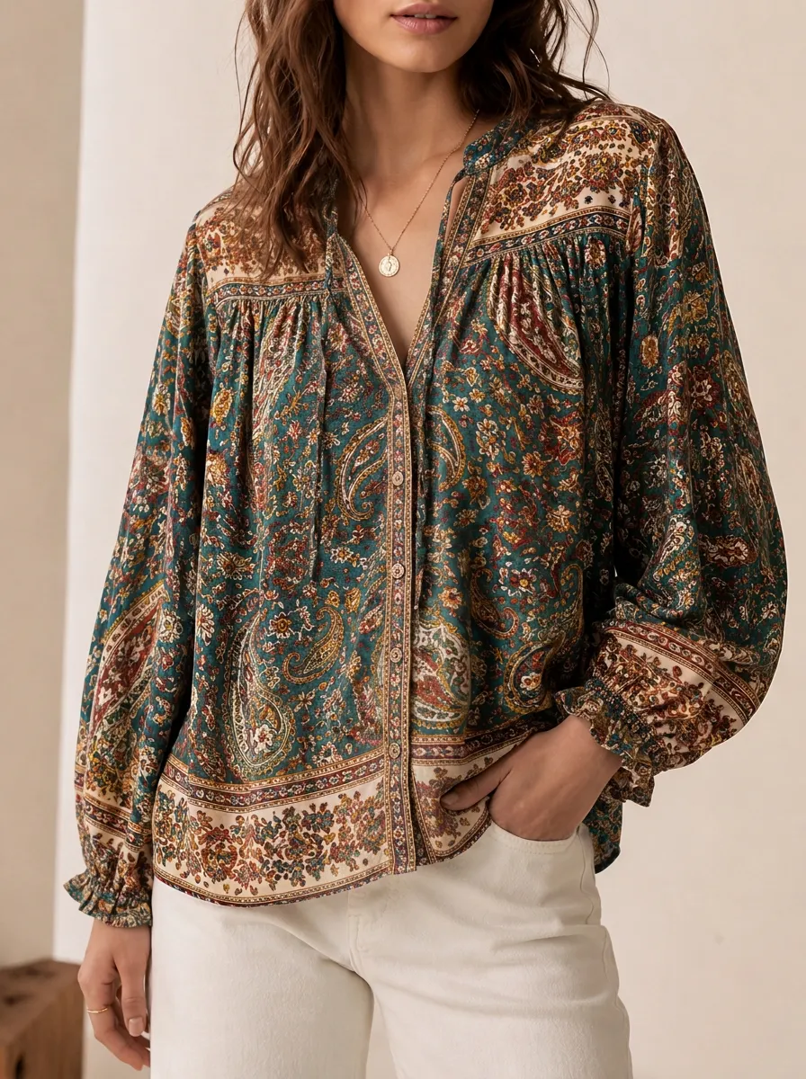 Women's Paisley Tie Neck Blouse