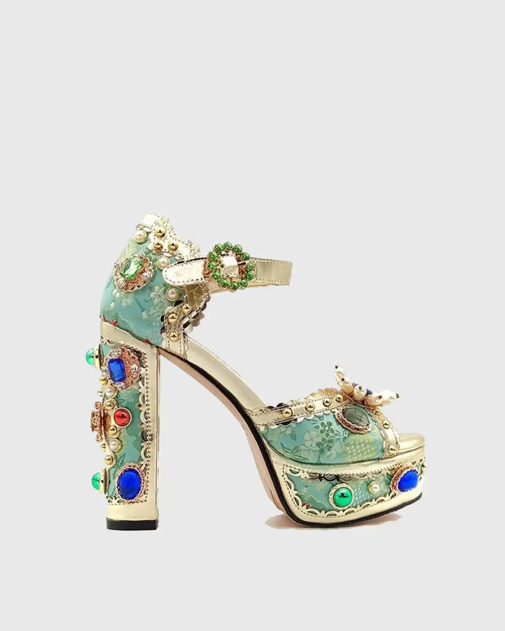 Rhinestone Vintage Embroidery Platform Sandals in Green