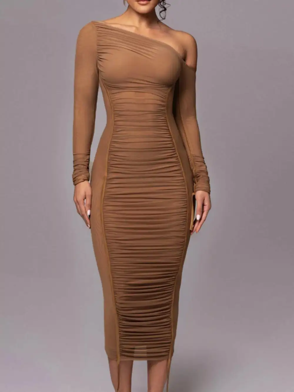 One-Shoulder Ruched Bodycon Midi Dress
