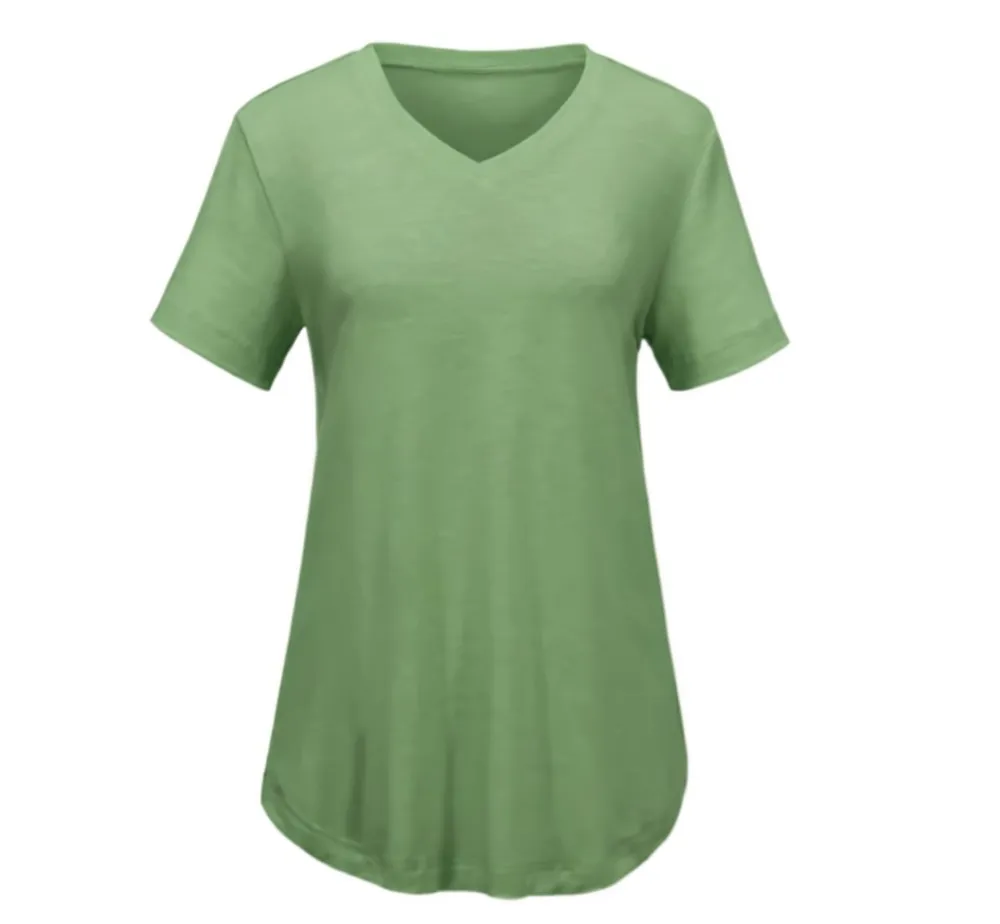 Women's Casual V-Neck Solid Color T-Shirt with Curved Hem