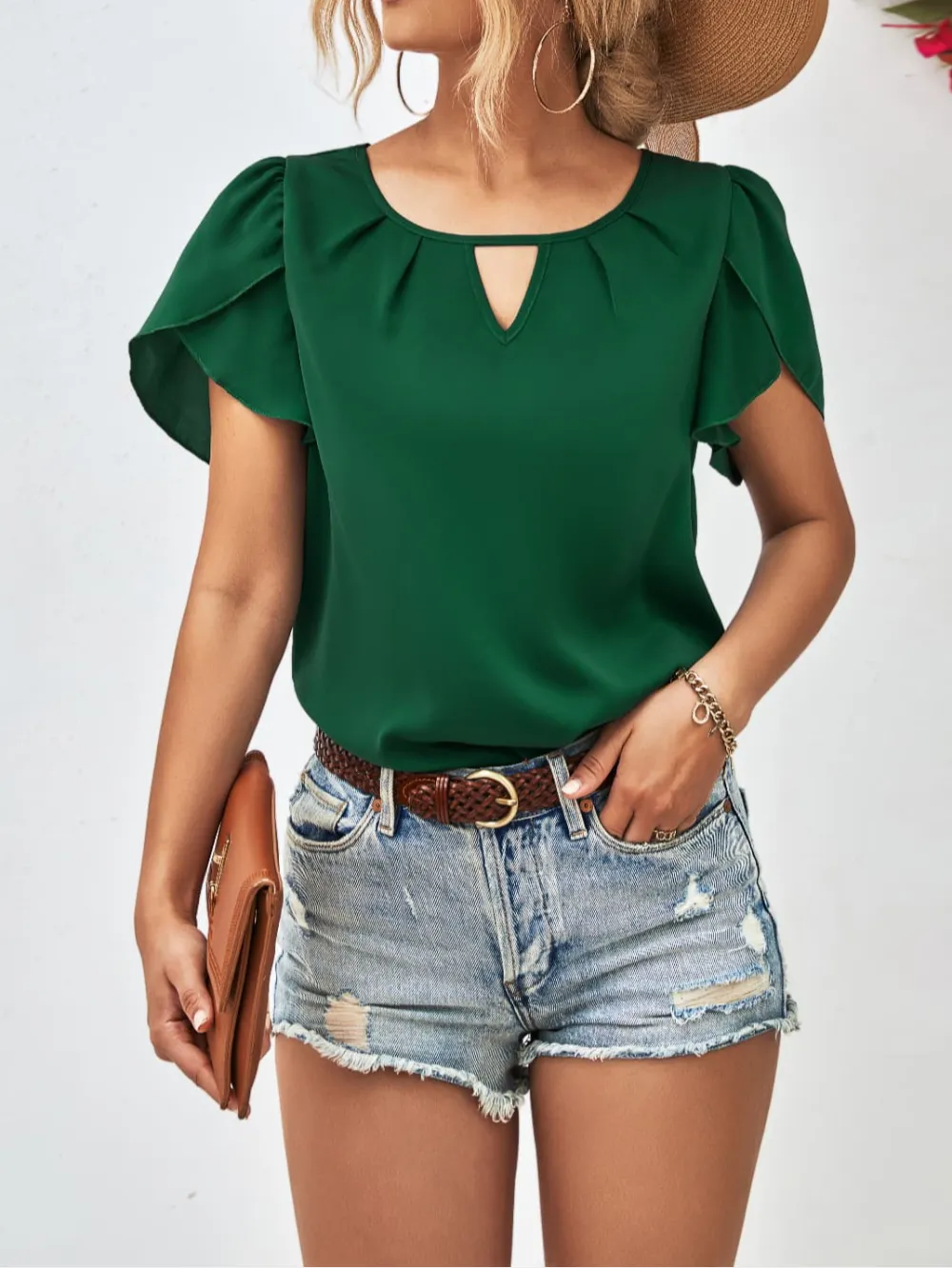 Cutout Round Neck Petal Sleeve Blouse