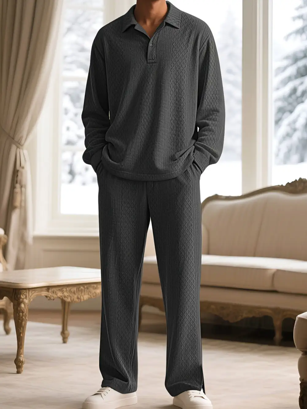 Men's Full Size Textured Long Sleeve Top and Pants Set