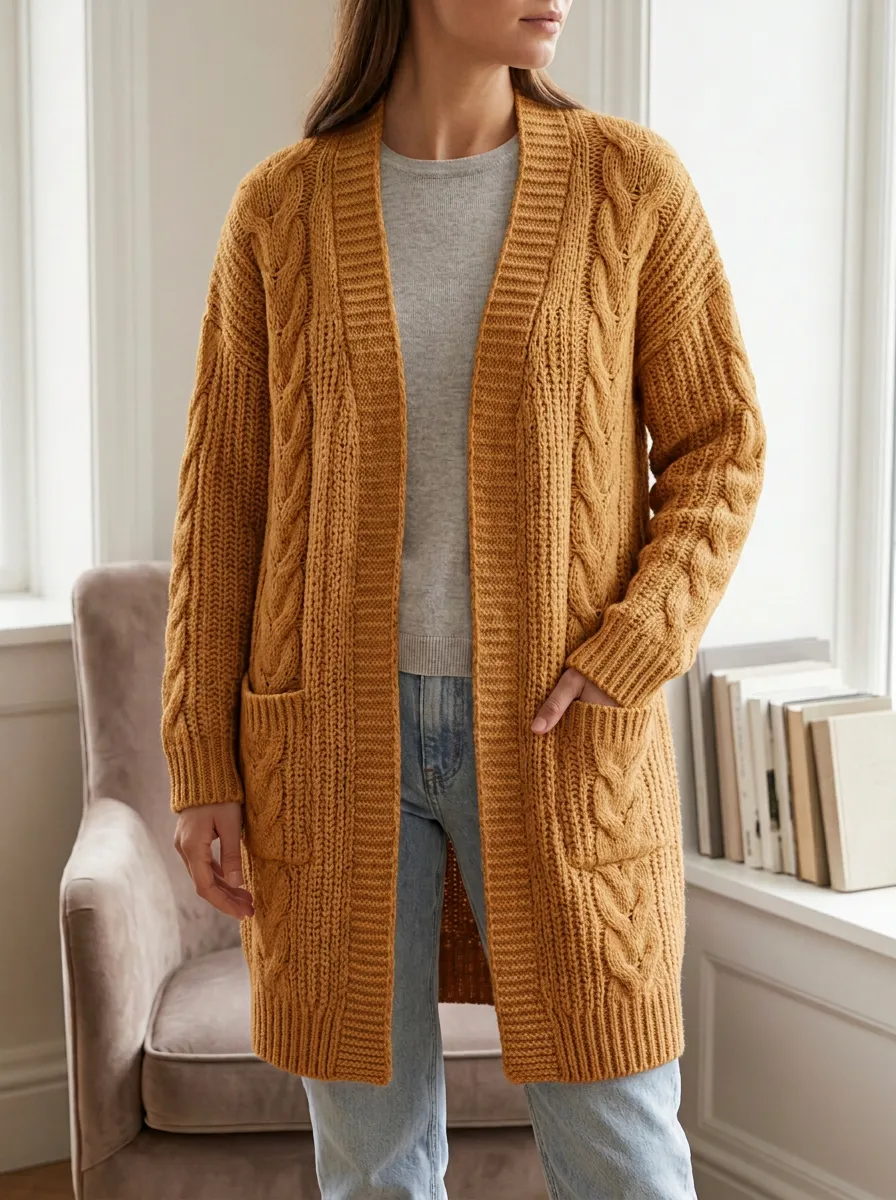 Women's Cable Knit Open-Front Relaxed Silhouette Long Cardigan
