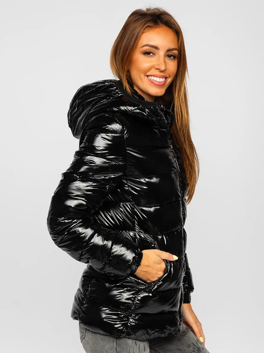 Black women's quilted winter jacket with hood