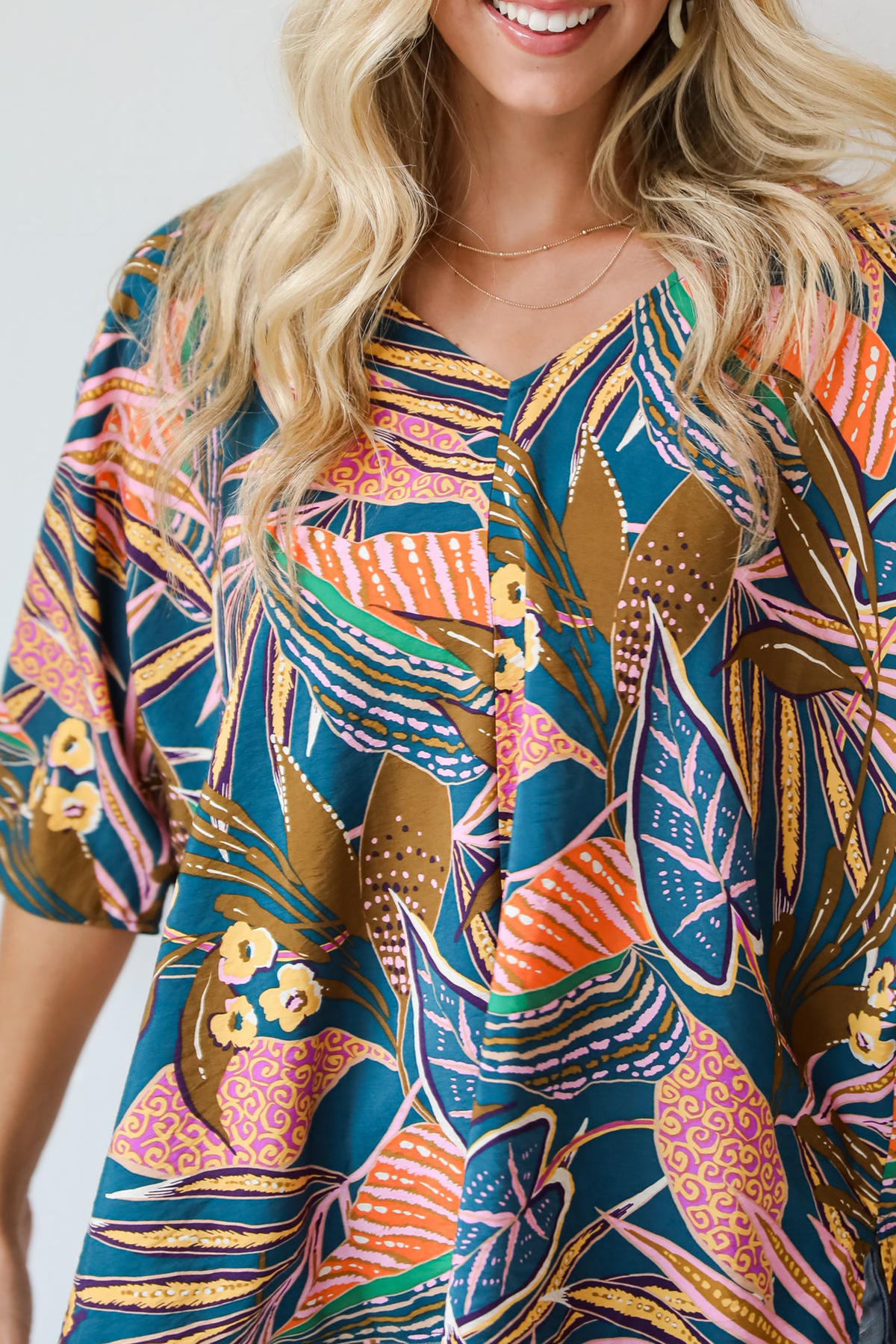 Incredible Allure Teal Leaf Print Oversized Blouse