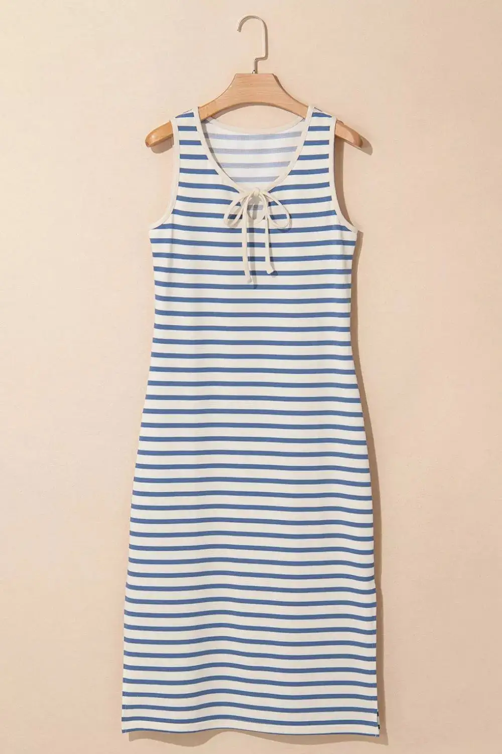 Easy Fit Striped V Neck Slit Midi Dress