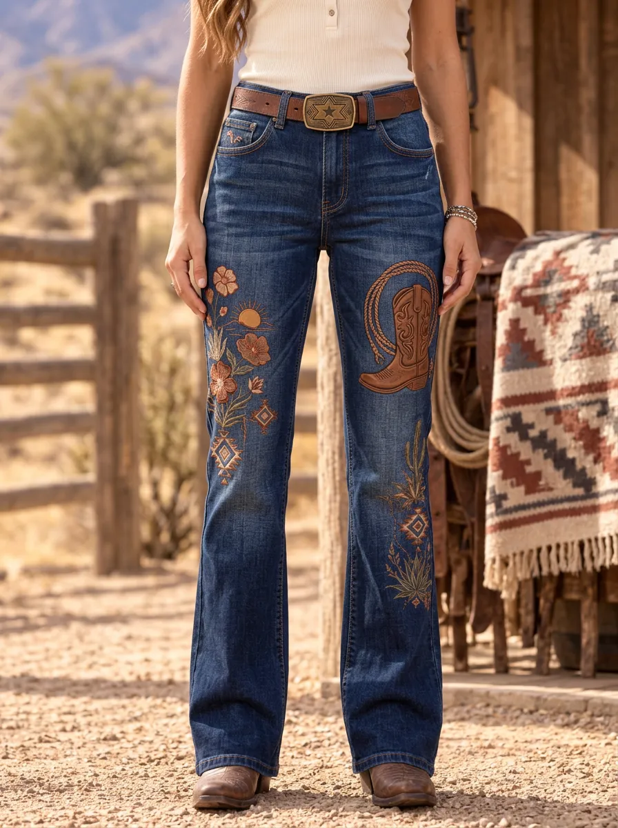 Women's Western Cowboy Floral Jeans