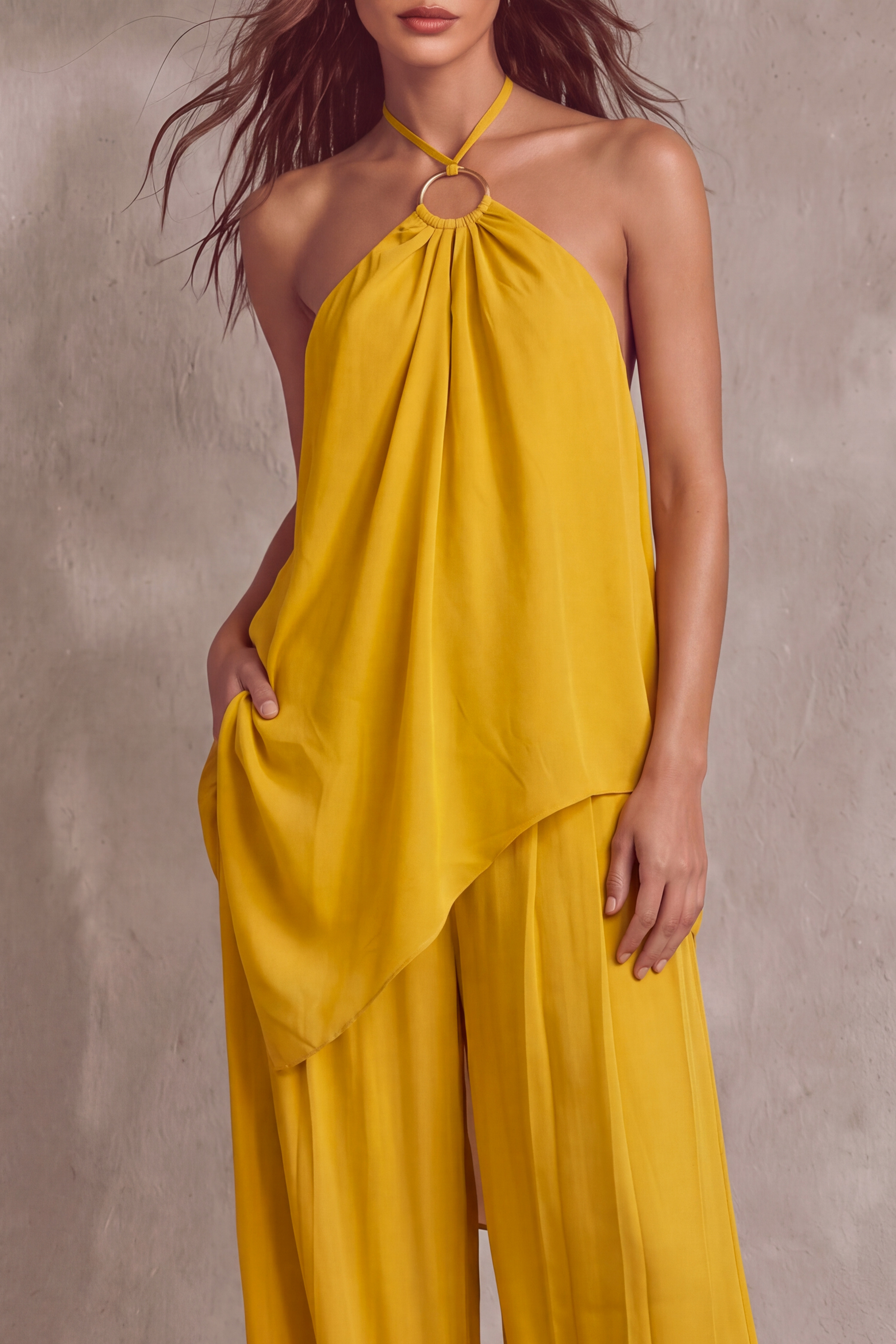 Halter Neck Asymmetrical Matching Pants Set