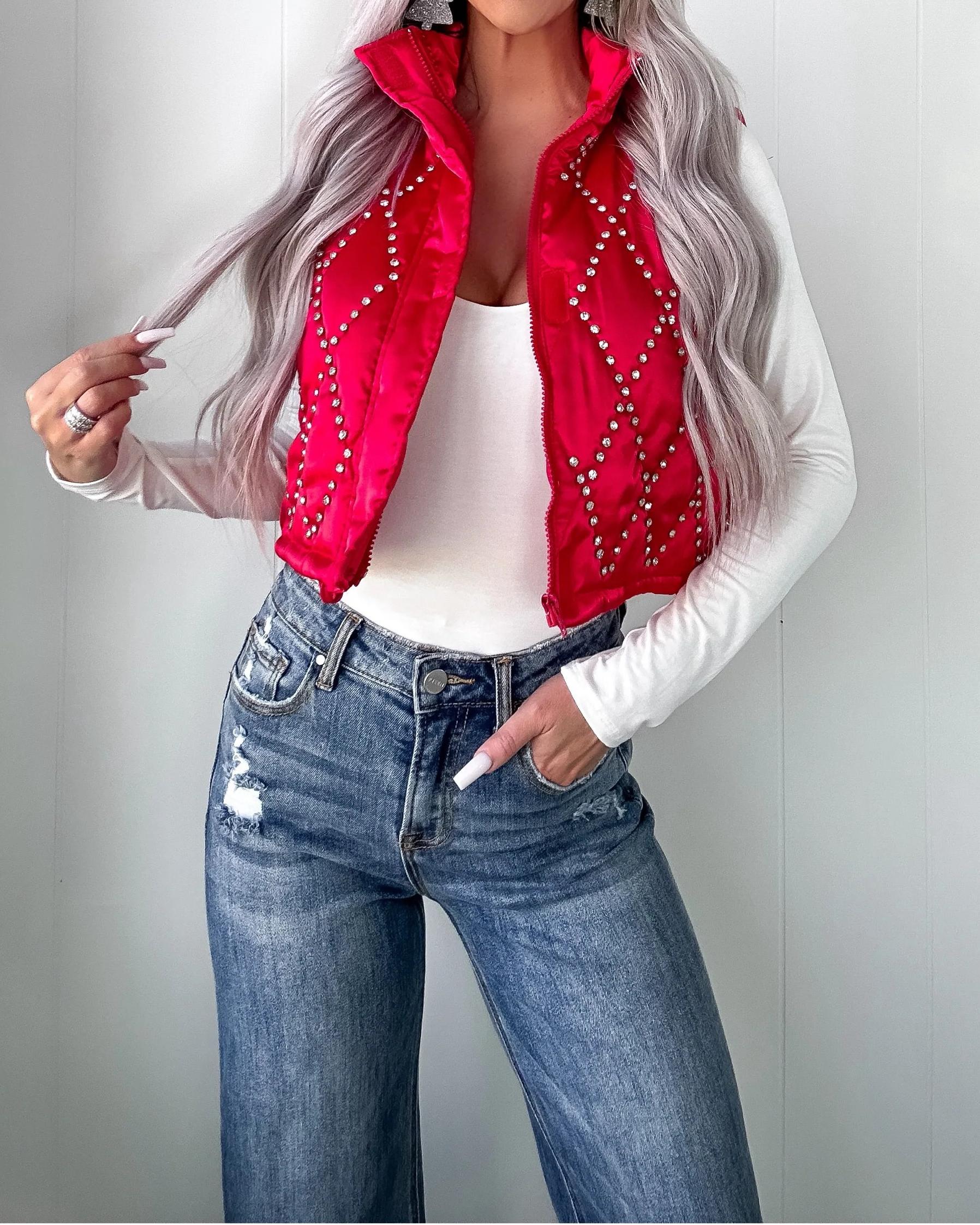 Better Than Before Rhinestone Bomber Vest - Red