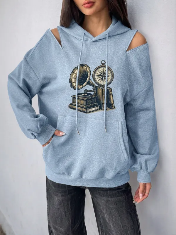Women's Vintage Music Lover Gramophone Compass Printed Cold Shoulder Hoodie