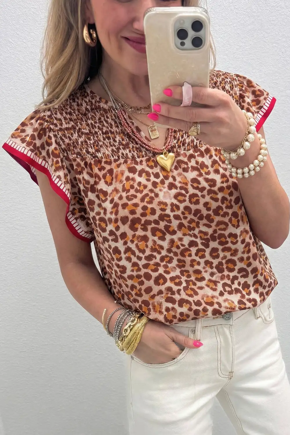 Leopard Print Ruffled Short Sleeve Blouse