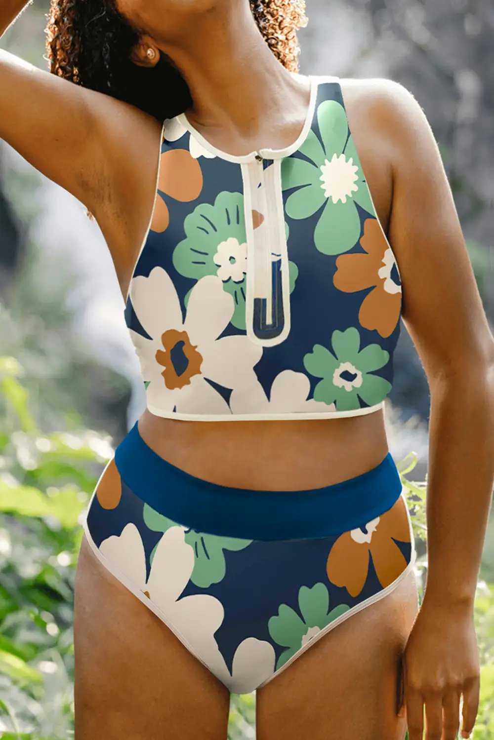 Flower Zip Up Racerback Bikini Set