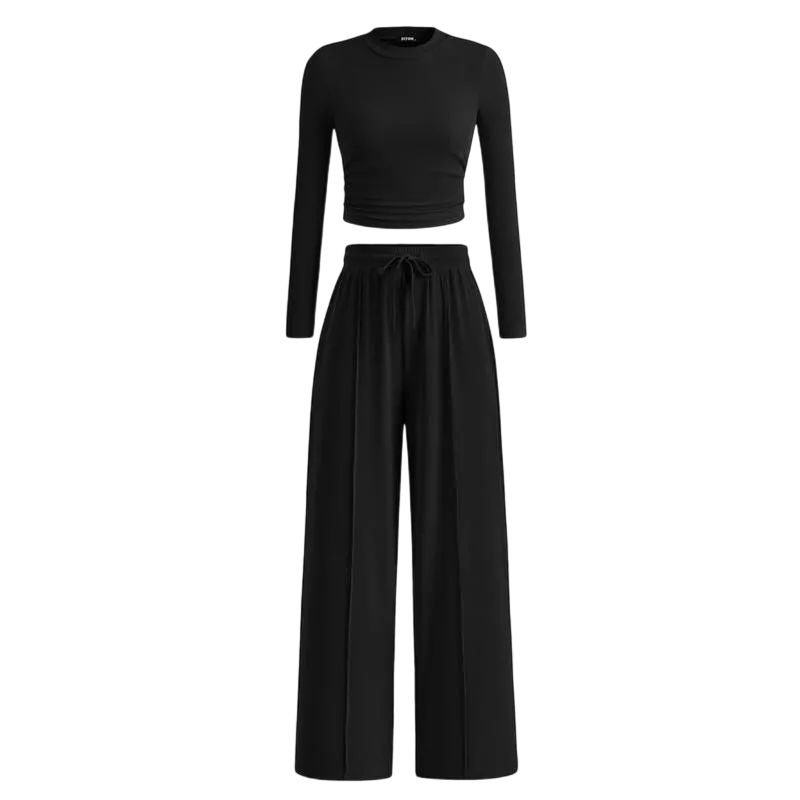 Long-Sleeve Top and Wide-Leg Pants Casual Homewear Set