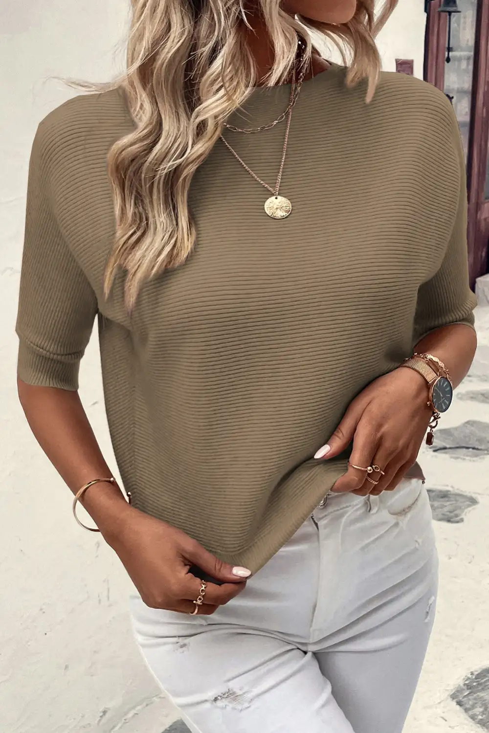 Round Neck Half Sleeve Ribbed Knit Sweater