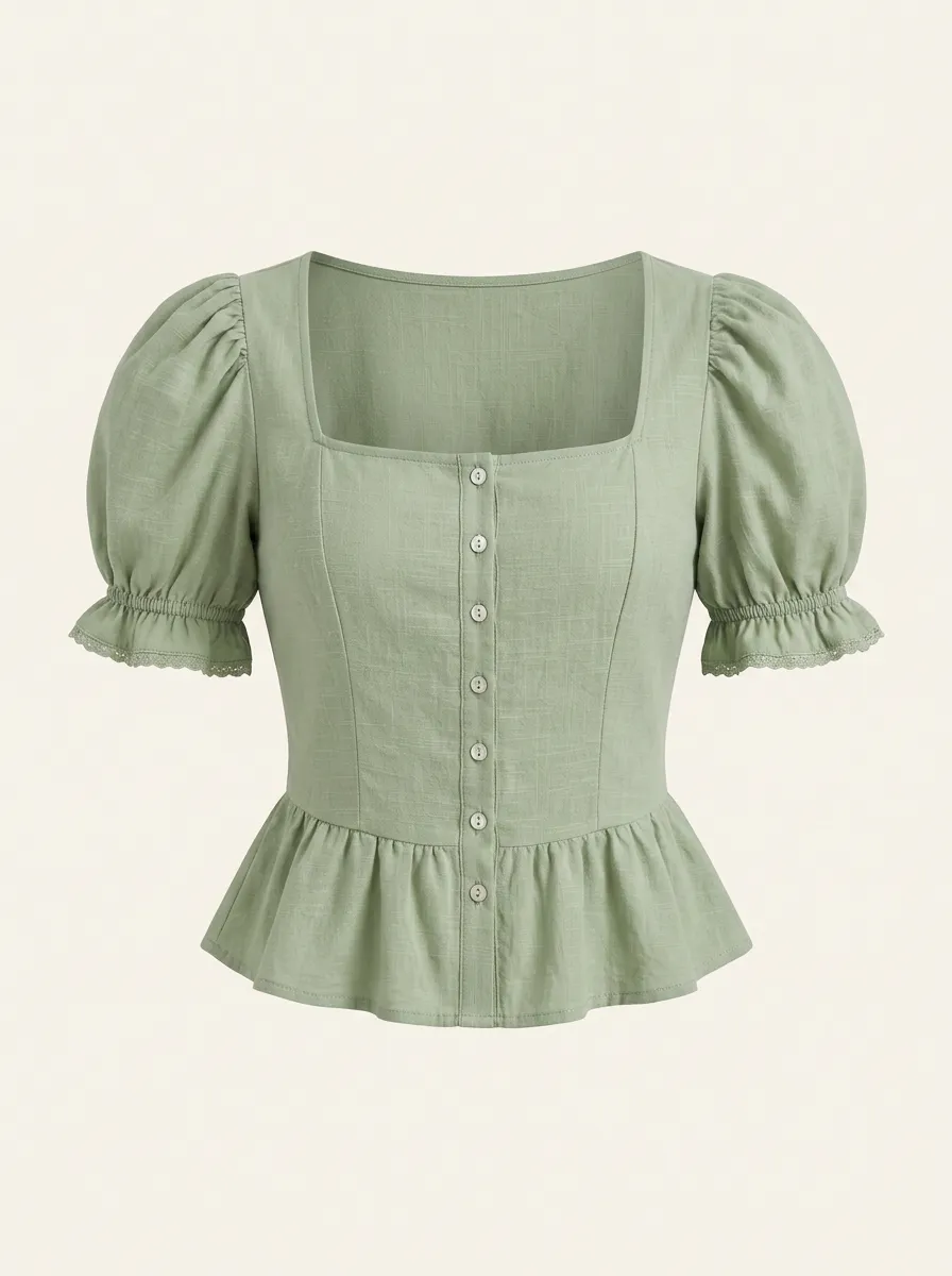 Women's Peplum Top Sage Green Square Neck Puff Sleeve Button Down