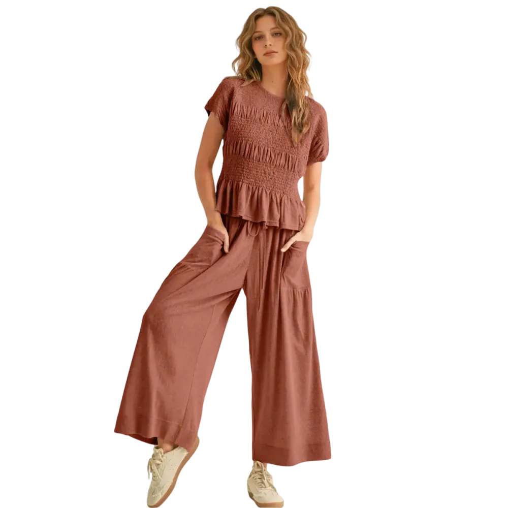 Women's Boho Chic Pleated Top & Wide-Leg Set