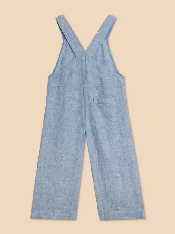 Crop Linen Dungaree In Chambray Blue