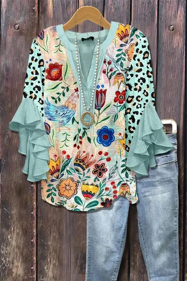 Vintage Floral Print Puff Sleeve Blouse