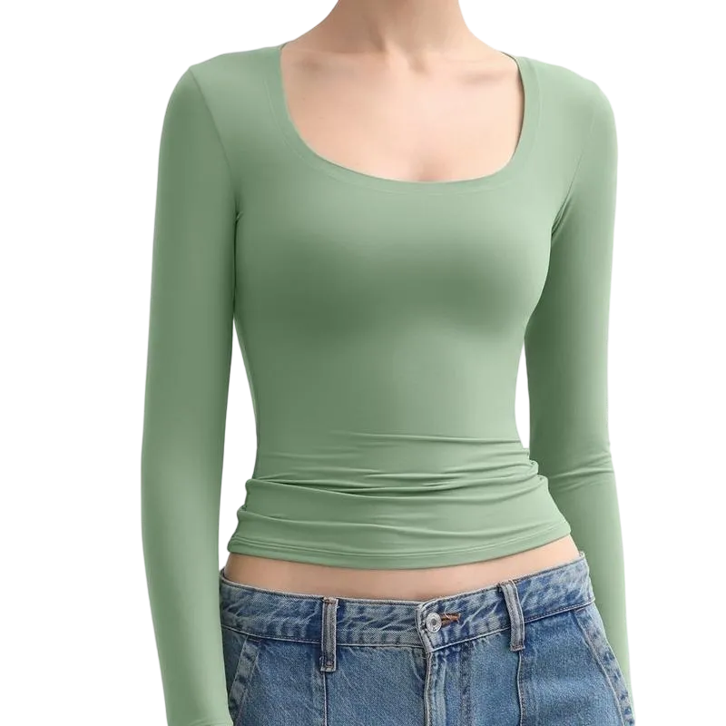 Women‘s Scoop Neck Long Sleeve Top Double Layer Slimfit Fall Outfits