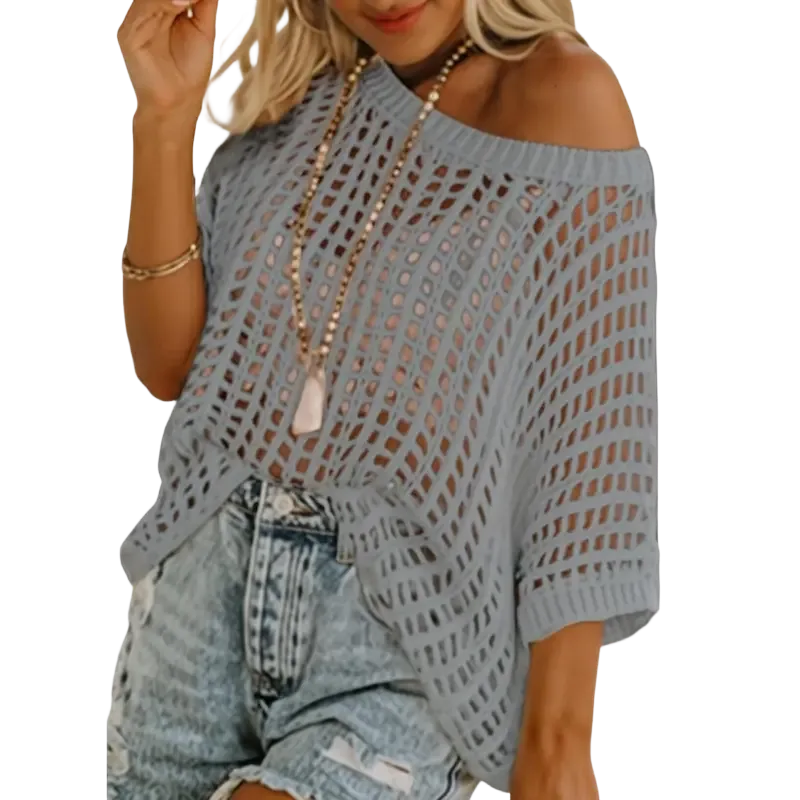 Women's Summer Scoop Neck Short Sleeve Sweater Casual Crochet Hollow Out Knit Tops Pullover Shirts Beach Coverup
