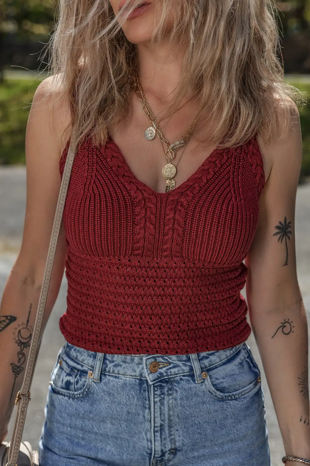 Cable Knit Pointelle Fitted V-Neck Sweater Vest