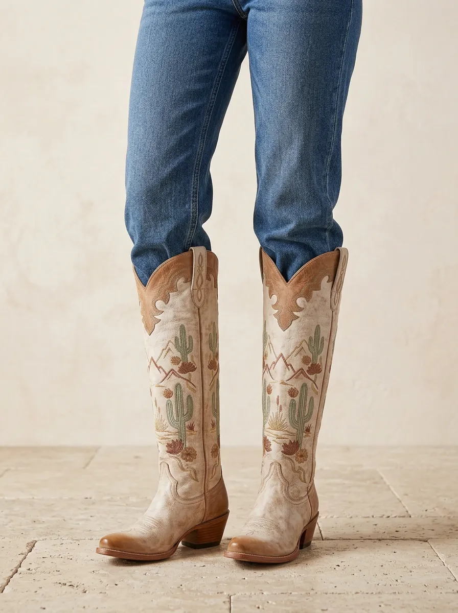 Women's Cactus Embroidered Pointed-Toe Block-Heel Stacked-Heel Pull-On Western Denim Over-the-Knee Boots