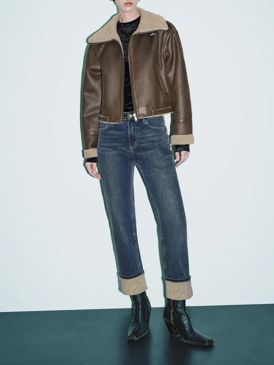 Lady's Brown Large Lapel Retro Leather Jacket