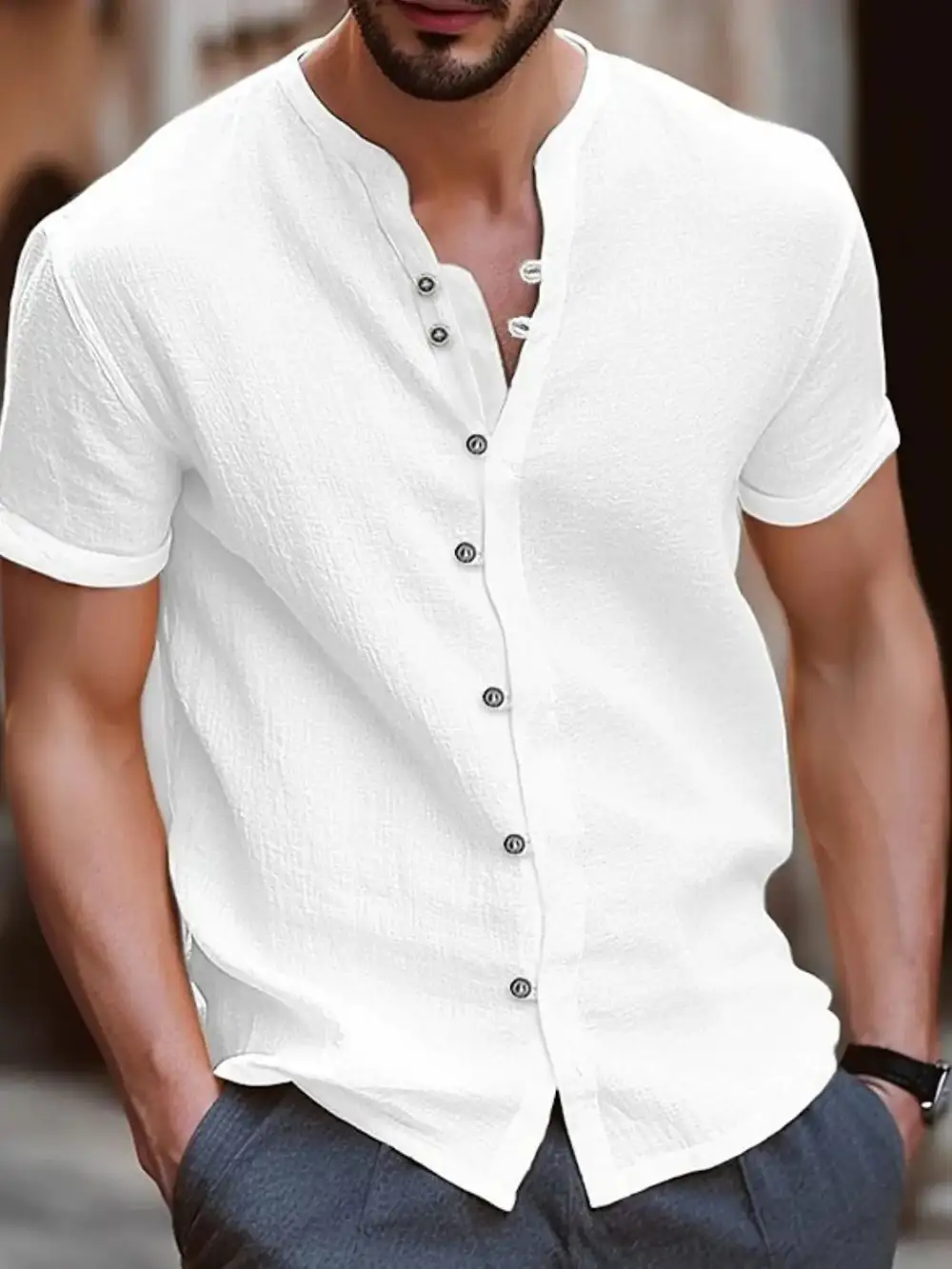 Clean-Lined Short-Sleeve Button-Up Shirt