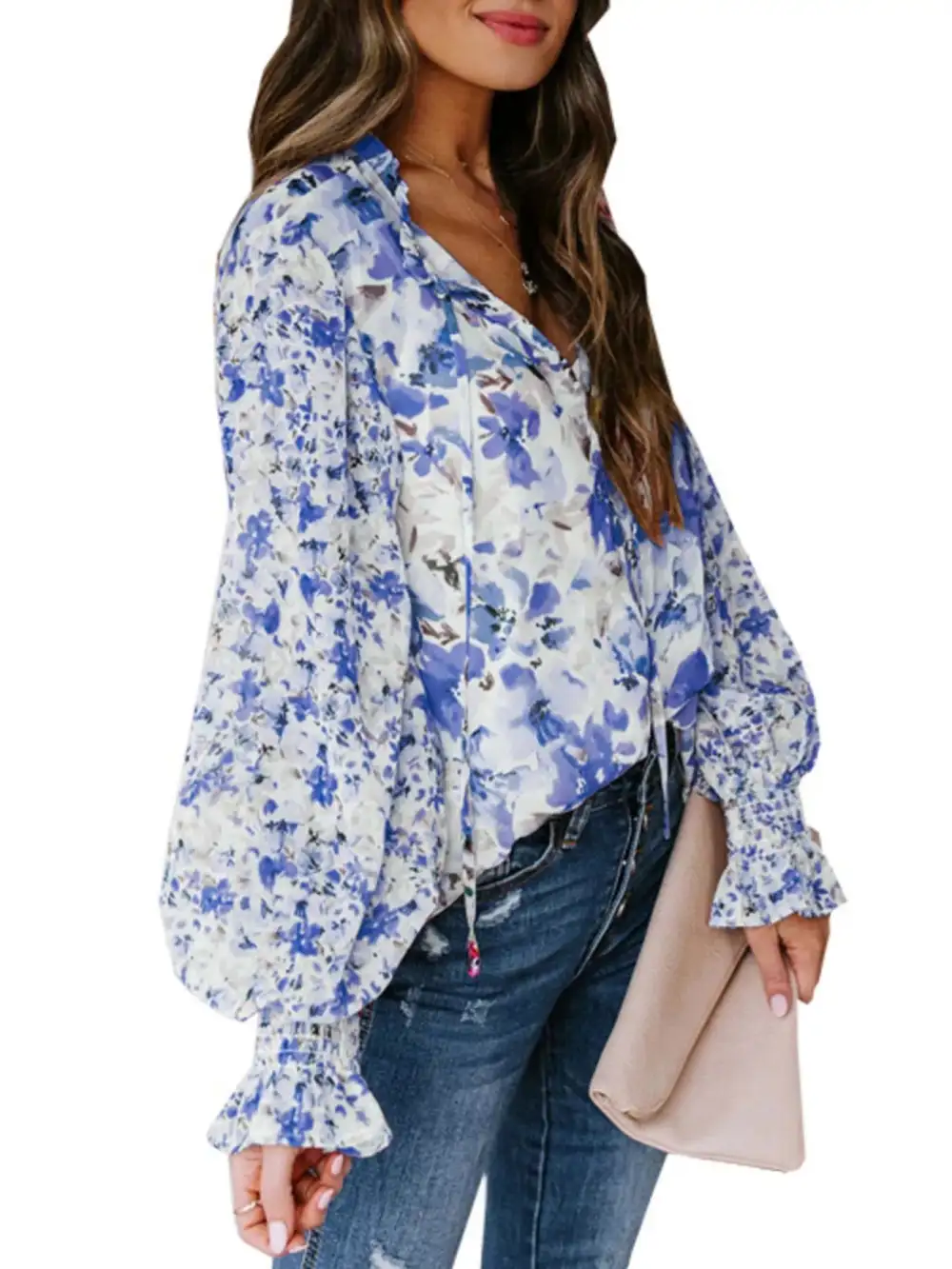 Floral Print Smocked Cuff Blouse Plus