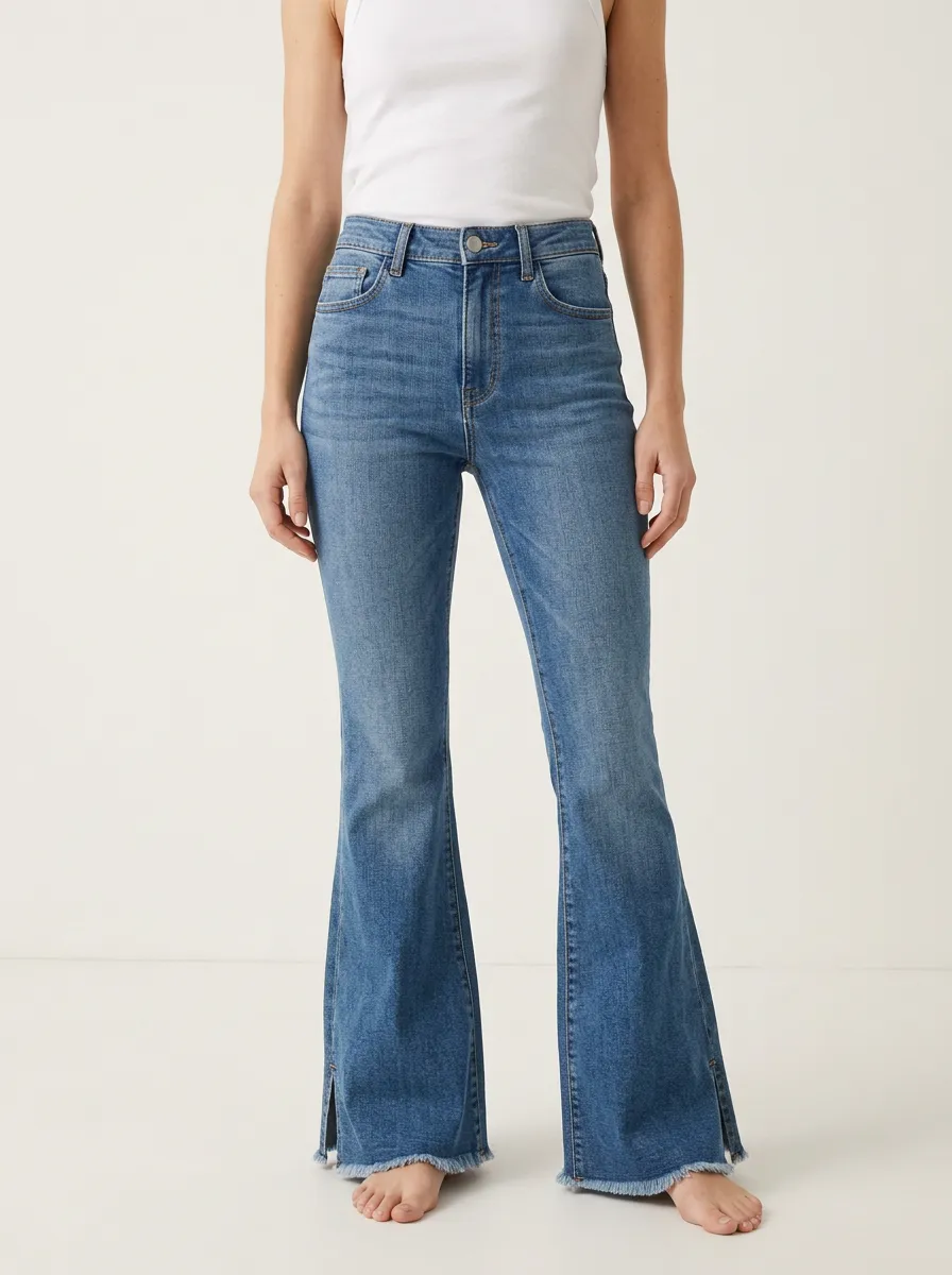 Women's High-Rise Frayed Hem Split Flare Denim Jeans