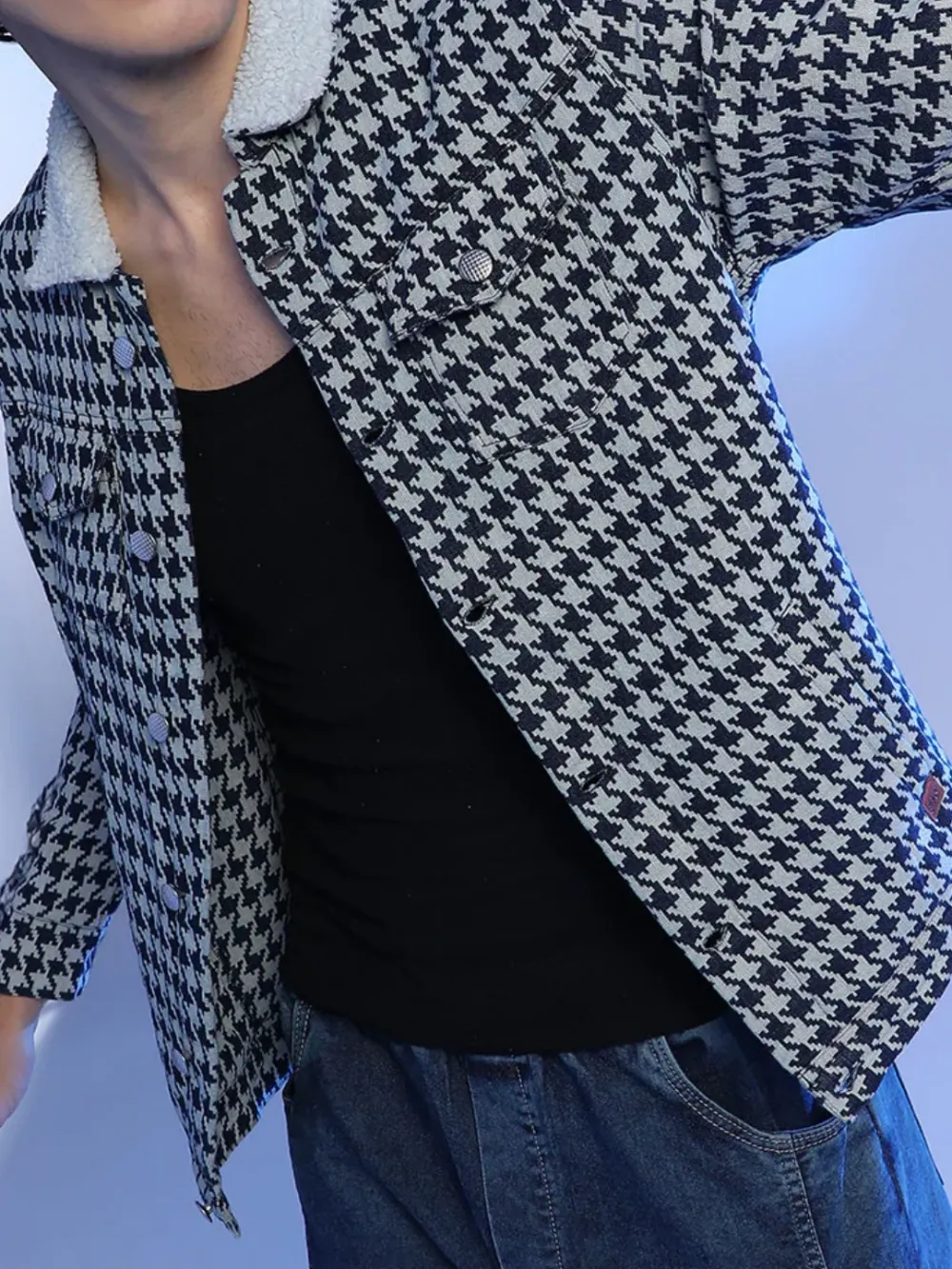 Houndstooth Pattern Sherpa Collar Jacket