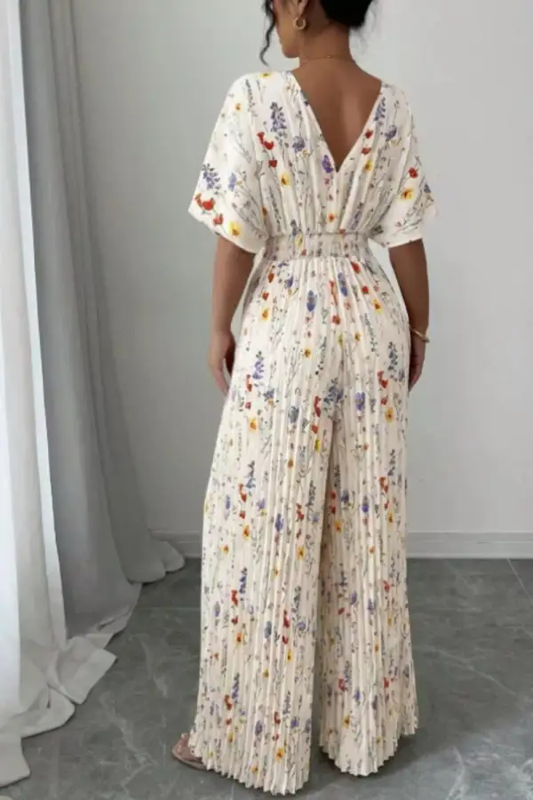 Floral Print Wide Leg Pleated Jumpsuit