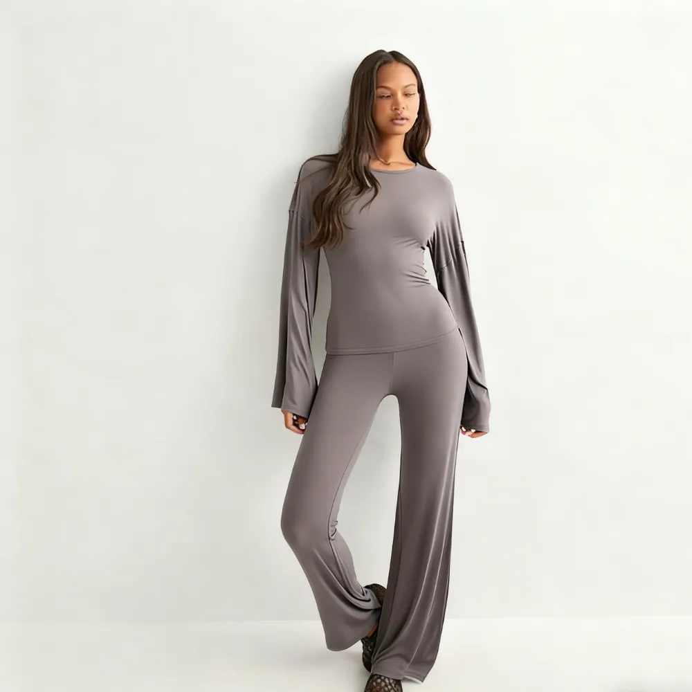 Women's Fall New Round Neck Flare Long Sleeve Top & Elastic Waist Straight Leg Pants Set