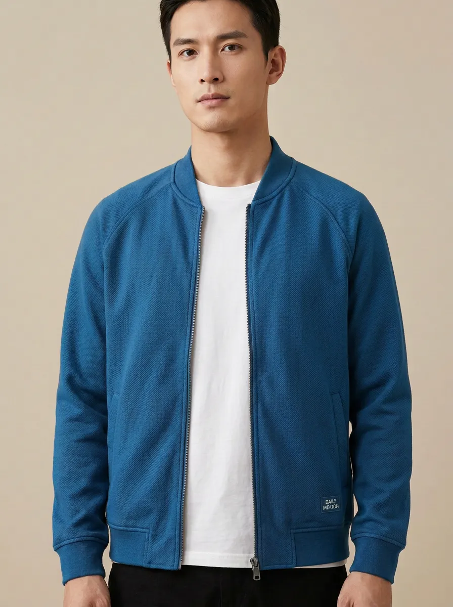Solid Textured Bomber Zip Jacket