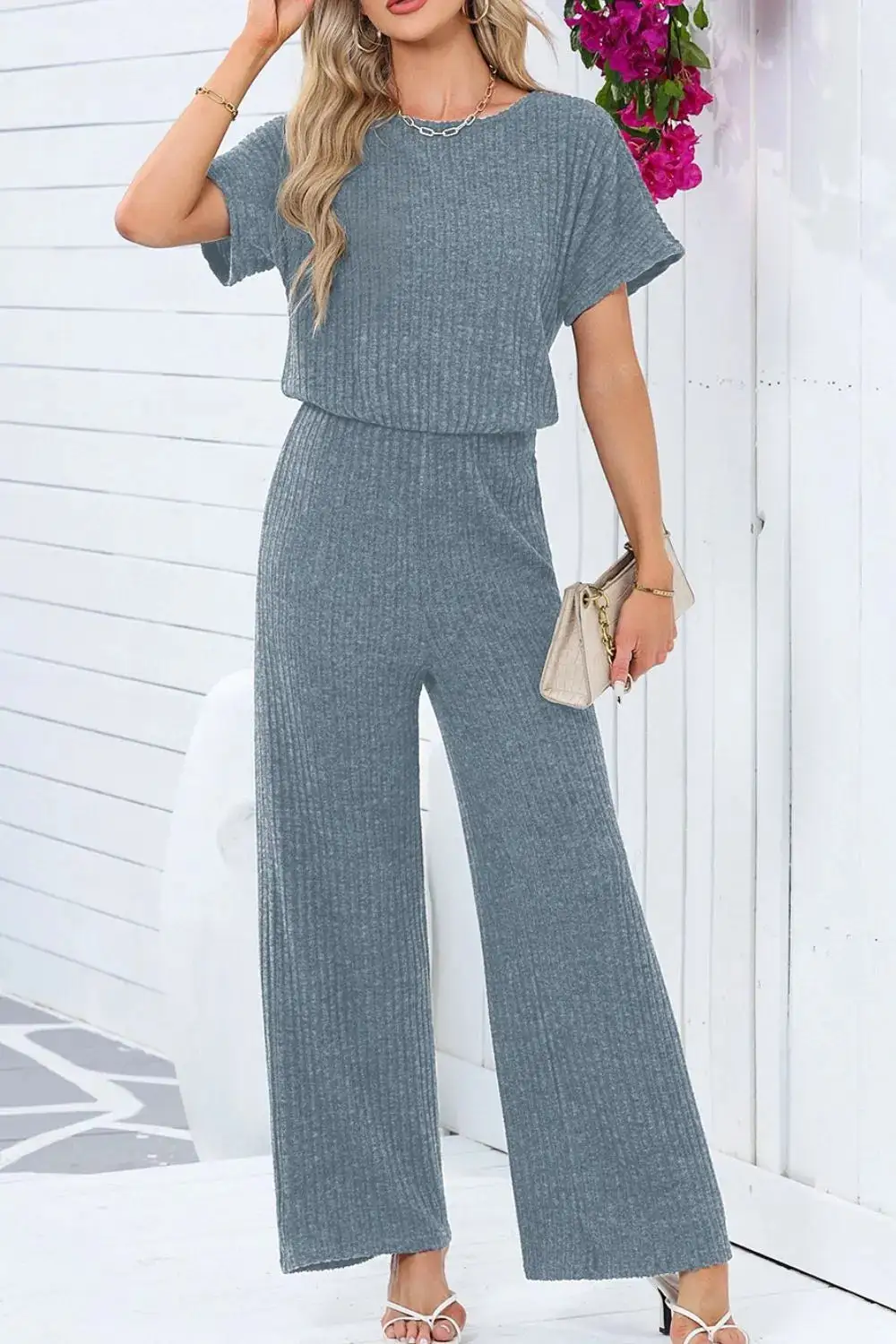 Ribbed Short Sleeve Wide Leg Jumpsuit Shorts