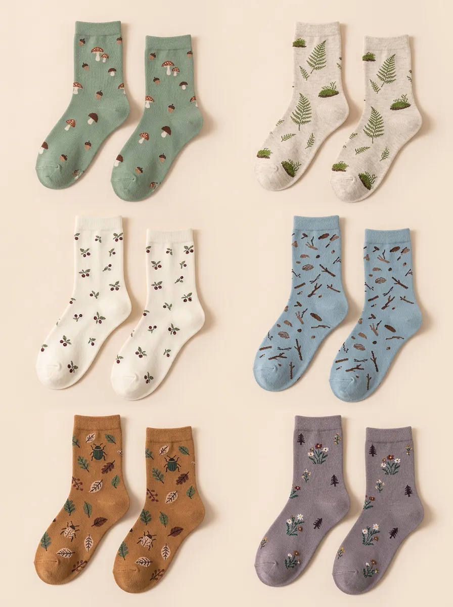 Women's Woodland Fern Mushroom Crew Socks Six Pair Set
