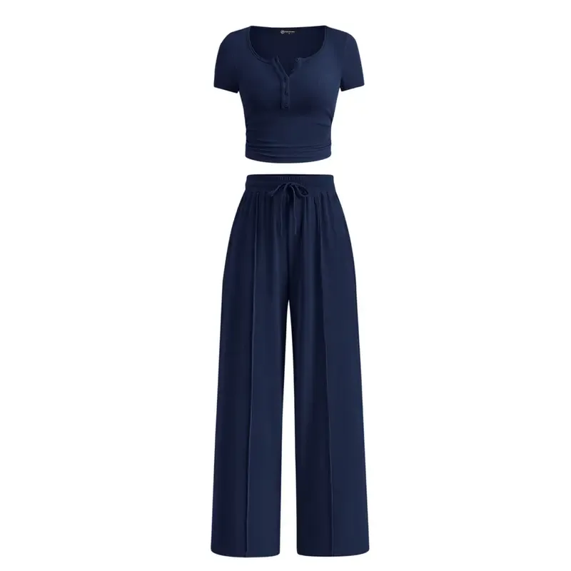Women's two-piece summer ribbed knit button short-sleeve crop top and wide-leg pants