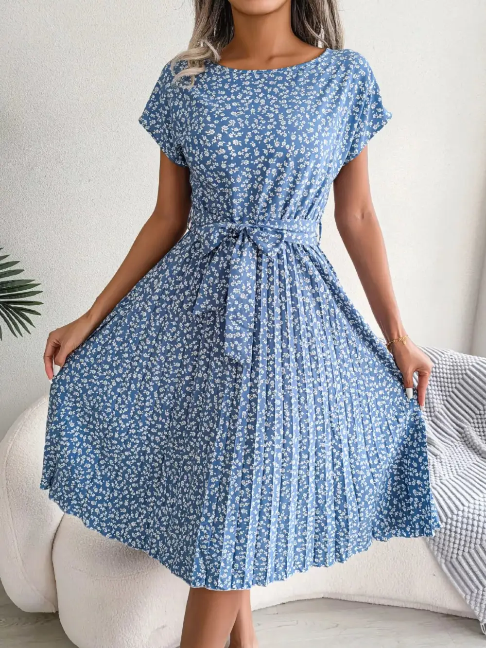 Print Pleated Midi Dress with Belt