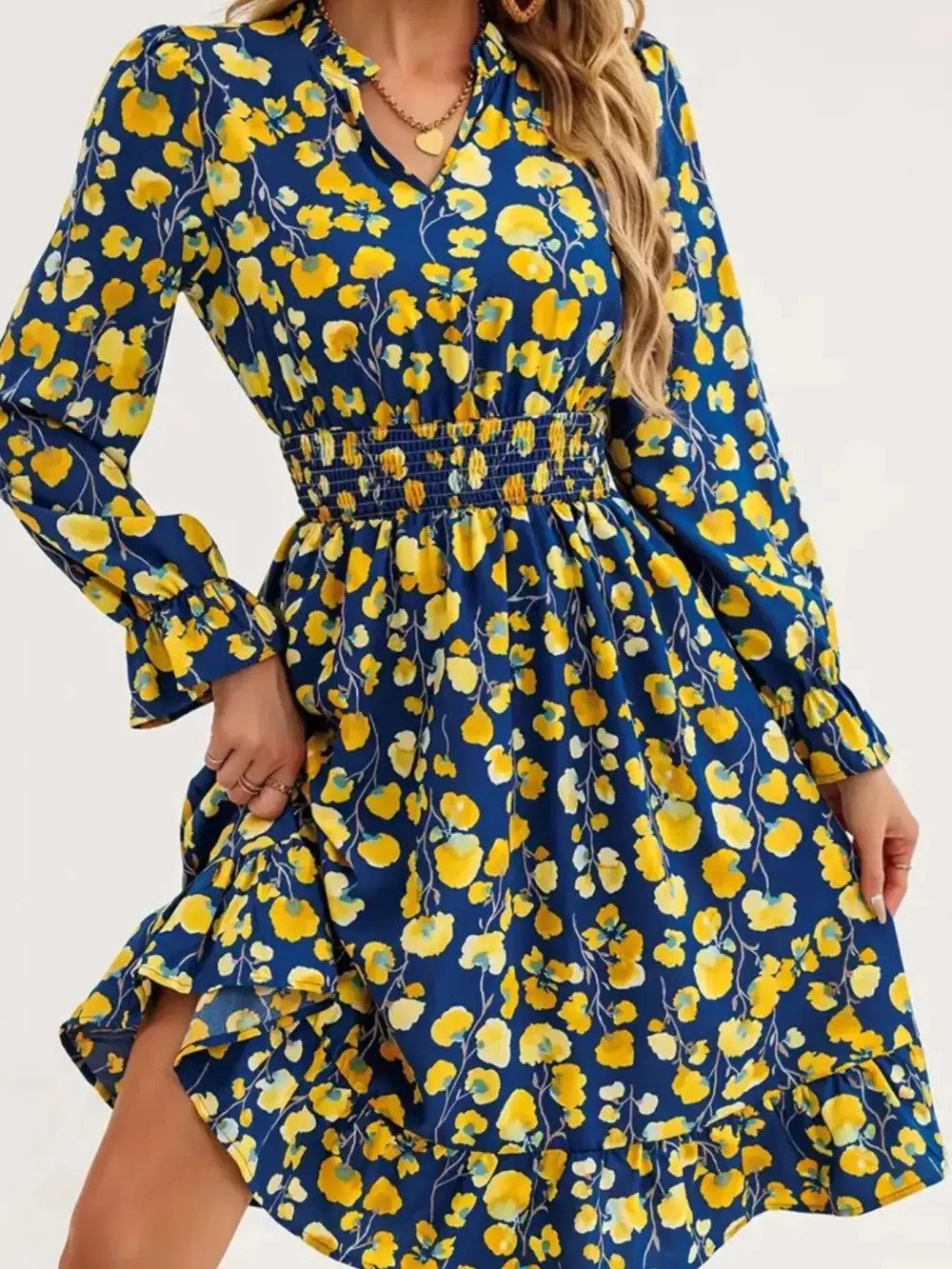 Layered Detail Floral Printed Ruffle Dress