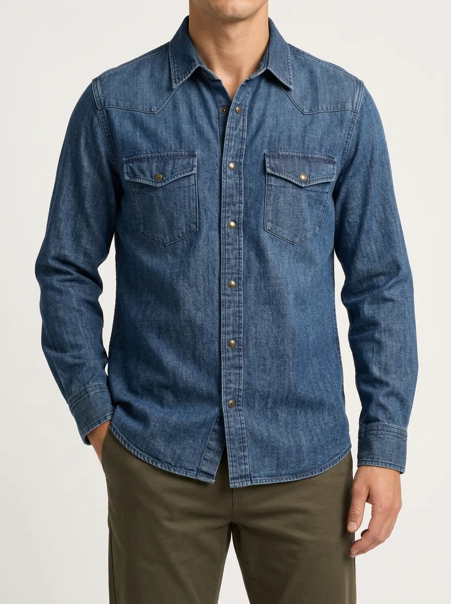Long-Sleeve Casual Classic Denim Button-Front Shirt