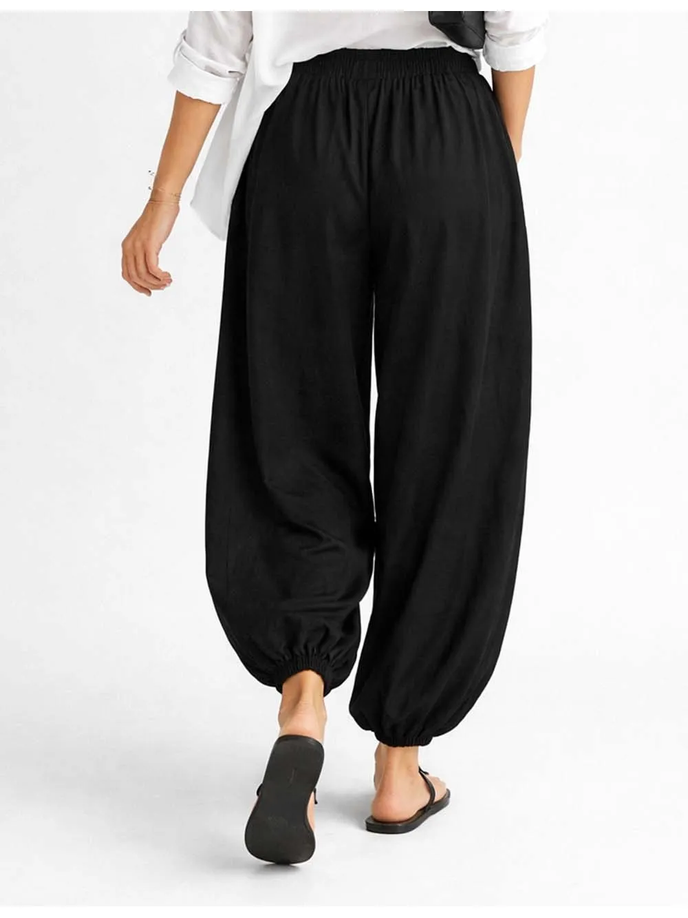Solid Color Elastic Waist Drawstring Lantern Pants