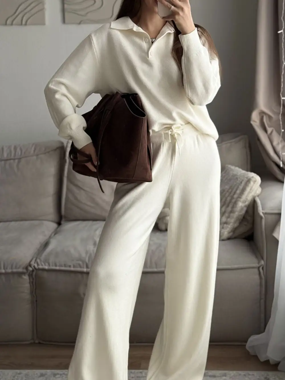 Polo Collar Top and Pants Or Skirt Knit Set