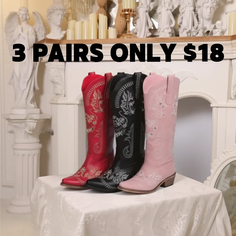 Women's Sparkly Rhinestone Cowboy Boots with Embroidery & Pointed Toe