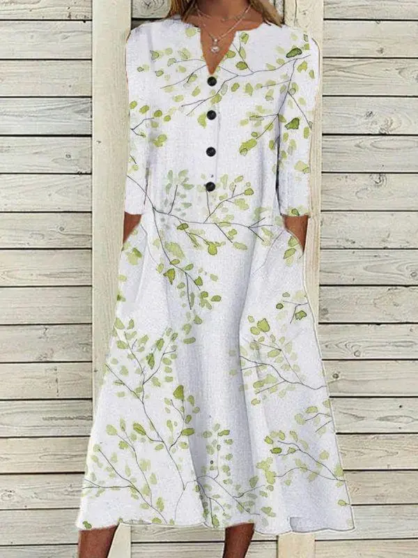 V-Neck Button Leaf Print Three-Quarter Sleeve Ladies Dress